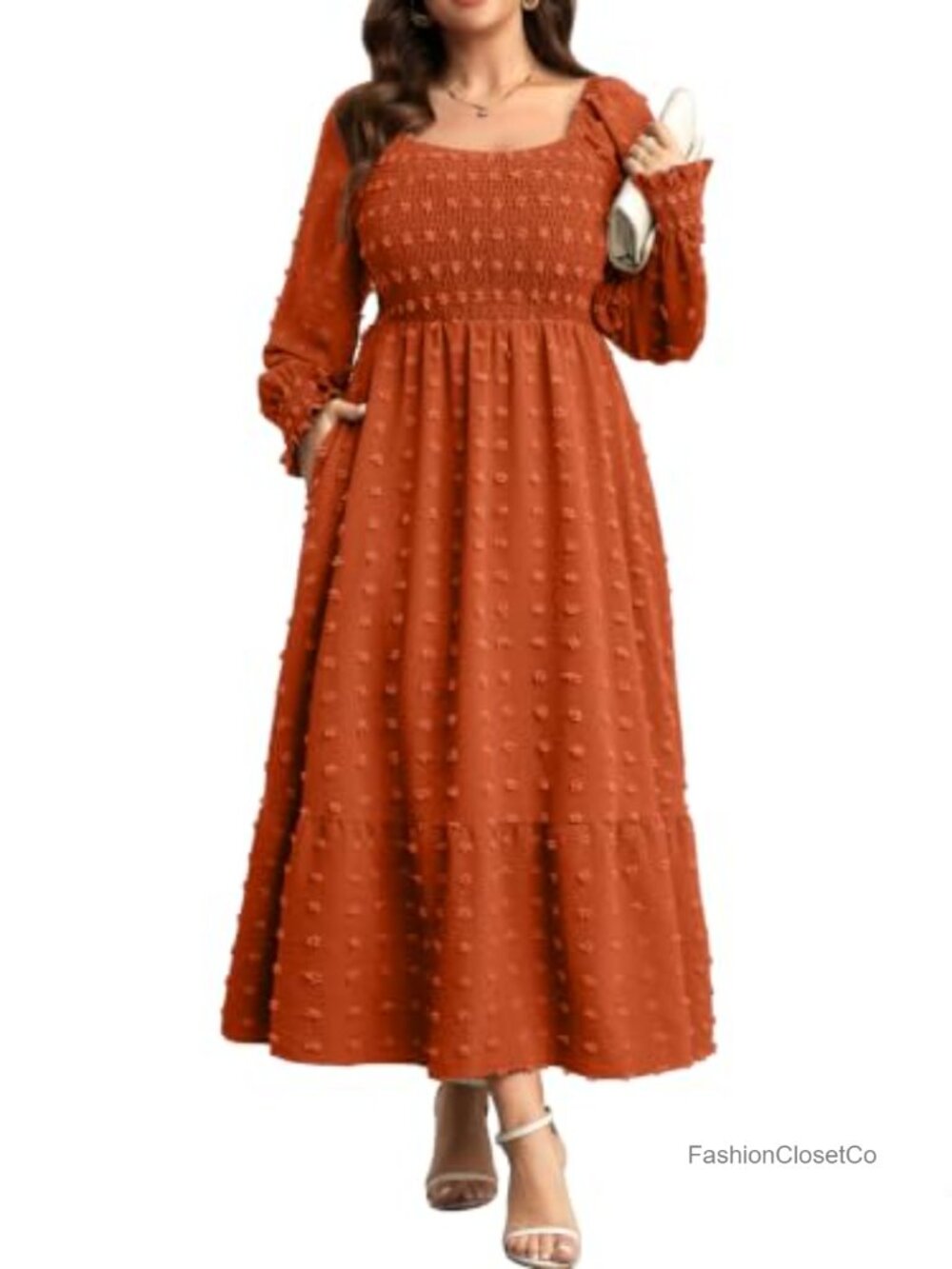 Plus Size Fall Maxi Dress with Pockets Smocked Square Neck Long Sleeve Swiss Dot